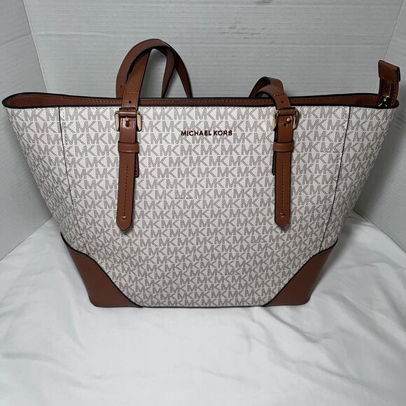 Michael Kors Handbags - Michael Kors Aria Large Handbag Leather Tote Signature Acorn Vanilla New